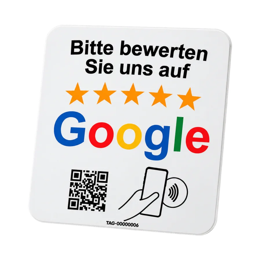 Weißes NFC-Bewertungs-Tag mit Google-Logo, fünf Sternen, QR-Code und NFC-Symbol